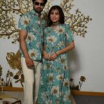 Couple Matching Teal-Blue floral Printed Cotton Anarkali Midi Dress & Shirt Set ? Summer Casual Wear