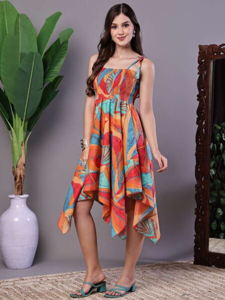 Women's Multicolor Printed Cotton Handkerchief Hem Dress Midi Dresses