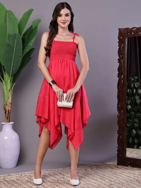 Women's Solid Red Cotton Handkerchief Hem Midi Dress Midi Dresses