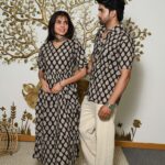 Couple Matching Black & Beige Cotton Anarkali Midi Dress and Shirt Set ? Leaf Print Twinning Outfit