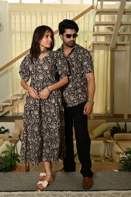 Couple Matching Red Printed Cotton Anarkali Midi Dress & Shirt Set ? Summer Casual Wear