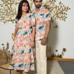 Couple Matching Abstract Print Cotton Anarkali Midi Dress & Shirt Set ? Multicolor Summer Outfit