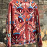 Womens Terracotta Velvet Embroidered Jacket with Floral Design
