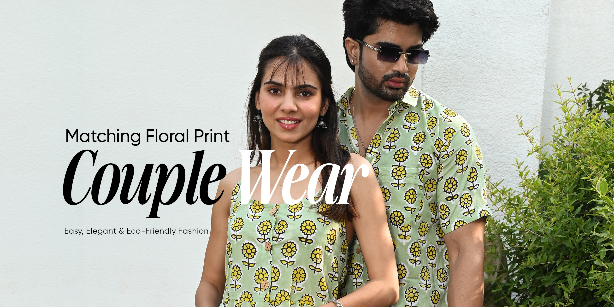 Bagaru printed green cotton couple set dress – matching floral outfit for men and women, summer casual wear