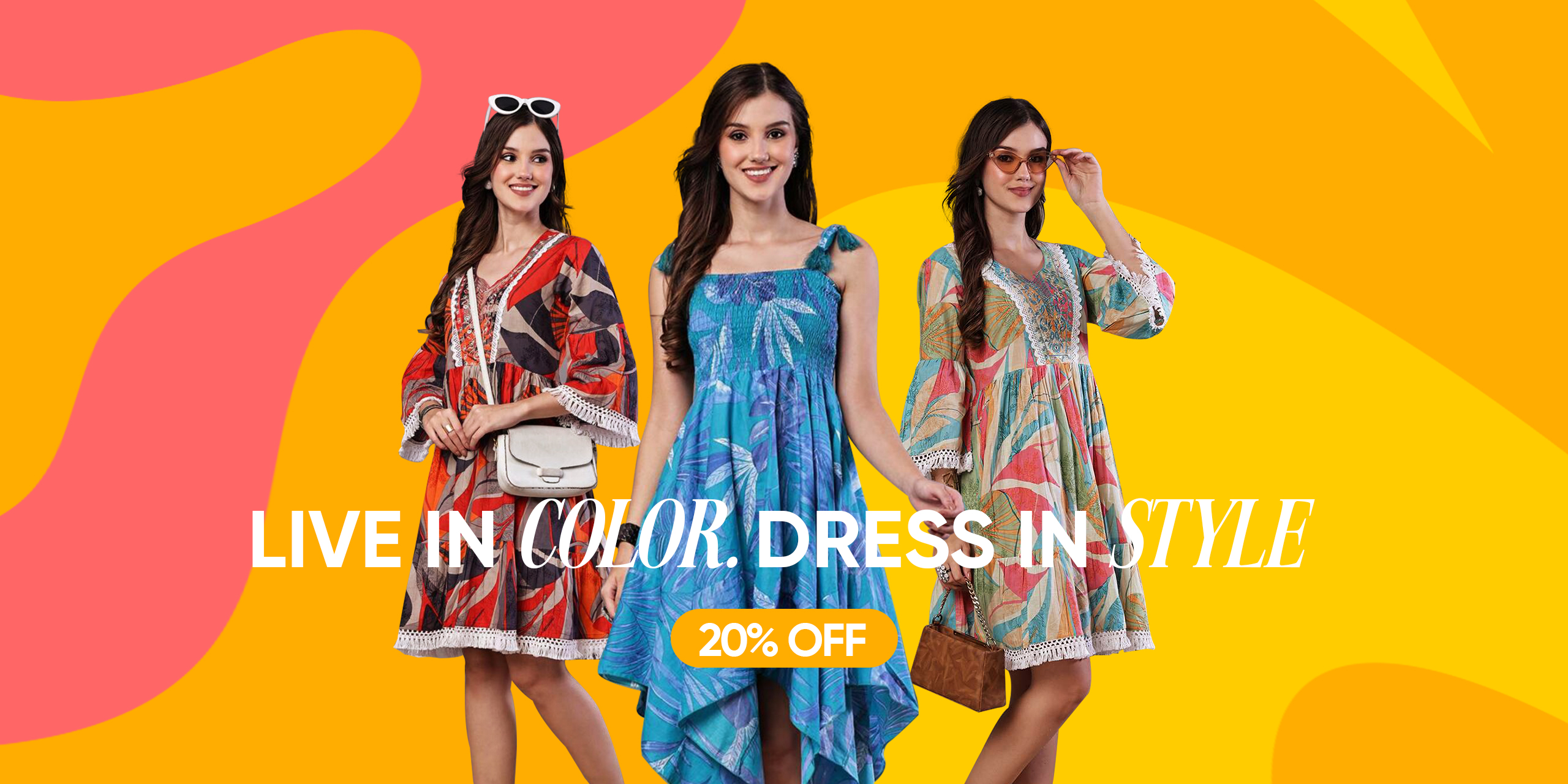 Women’s colorful printed summer dresses banner – trendy boho outfits with 20% off sale offer on fashion website.